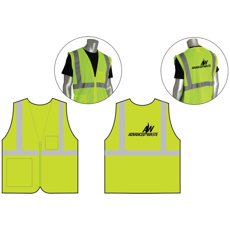 MED  CLS 2 SAFETY VEST LY ECON W/ZIPPER  ECONOMY W/ZIPPER CLOSURE  W/ ADVANCED WASTE LOGO (1C - 1L)