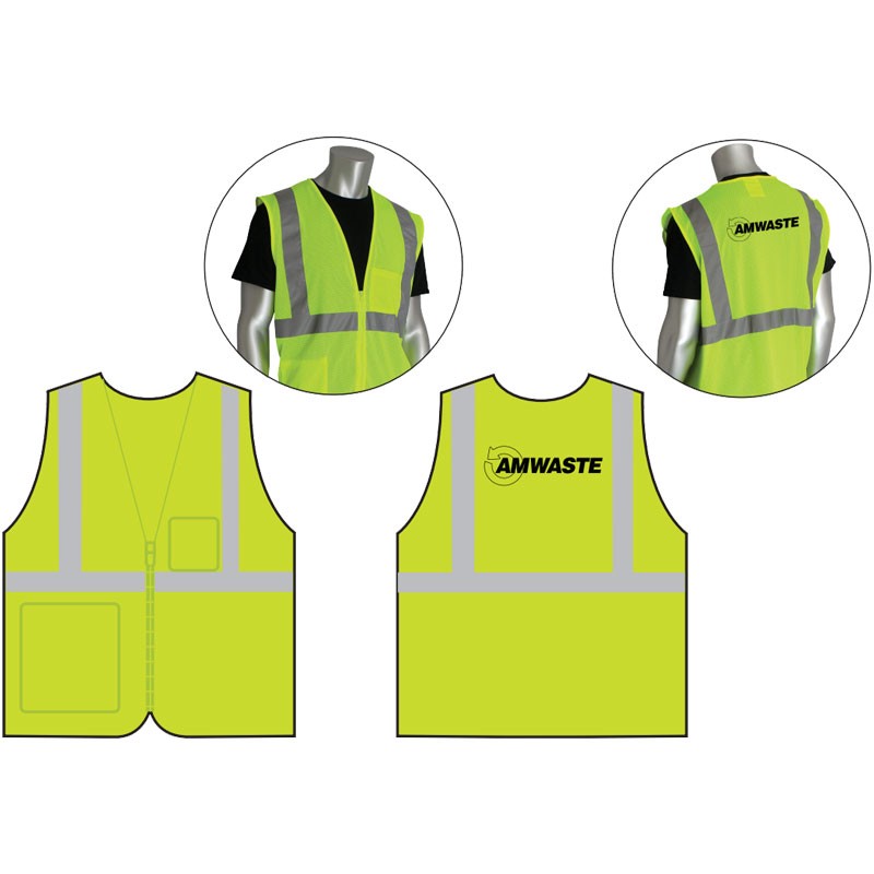 6-XL  CLS 2 SAFETY VEST LY ECON W/ZIPPER  ECONOMY W/ZIPPER CLOSURE  W/ AMWASTE LOGO 1C-1L