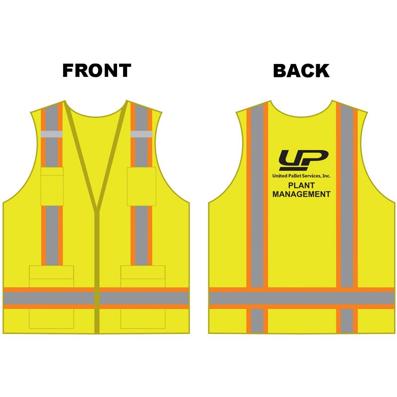 7-XL TWO-TONE STRIPE CLS 2 VEST LY 8-POCKET SURVEYOR'S  W/ UNITED PALLET SERVICES LOGO  (1C - 1L)