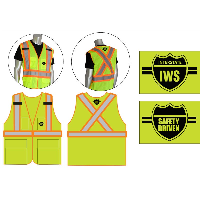 3X  CLS-2 LY 5-POINT BRKWY VEST W/ X-BAC K TWO-TONE STRIPING  W/ IWS LOGO 1C - 2L