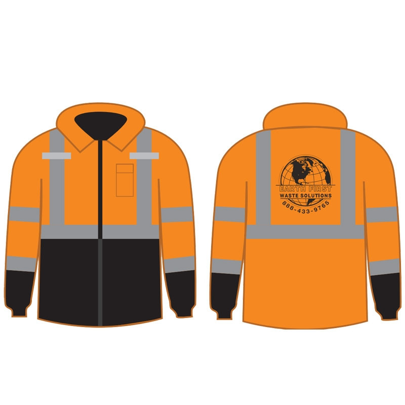 M CLS-3 ORANGE BOMBER JACKET W/BLACK BOTTOM & FIXED LINER W/EARTH FIRST WASTE SOLUTIONS LOGO 1C 1L