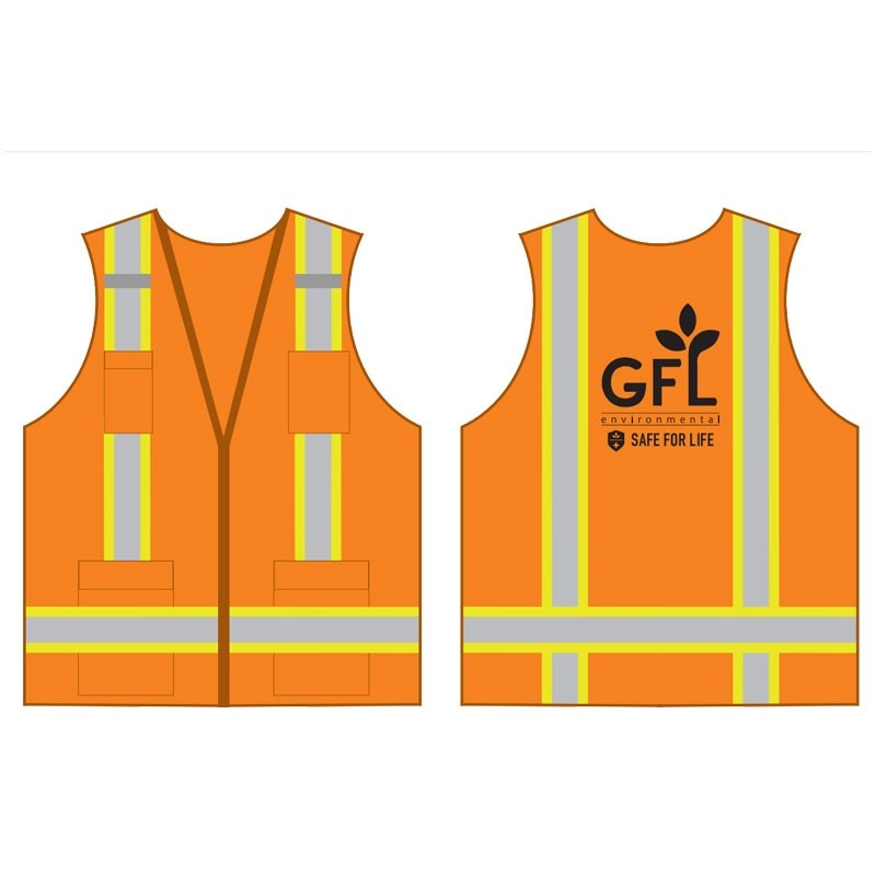 2XL TWO-TONE STRIPE CLASS 2 VEST ORANGE 11 POCKET SURVEYOR'S VEST W/ GFL LOGO 1C 1L