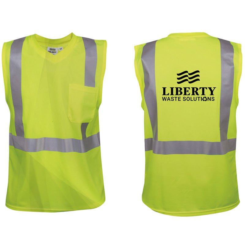 M CLASS 2 SLEEVELESS MESH T-SHIRTW/ CHEST POCKET, 2" SILVER REFLECTIVE STRIPE W/LIBERTY WASTE SOLUTIONS LOGO 1C 1L