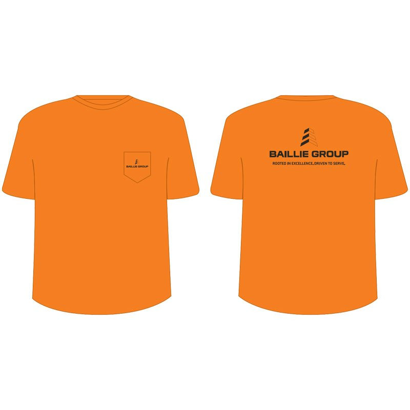 5XL NON ANSI HI-VIS ORG CREW NECKT-SHIRT ONE POCKET W/ BAILLIE LUMBER LOGO 1C 2L