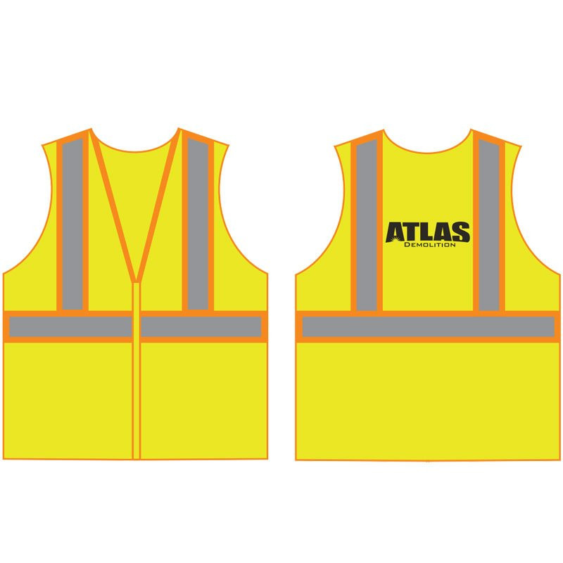 S CLS 2 ECON HI-VIS YEL 2-TONE VESTW/ ZIPPER CLOSURE W/ ATLAS DEMOLITION LOGO 1C 1L