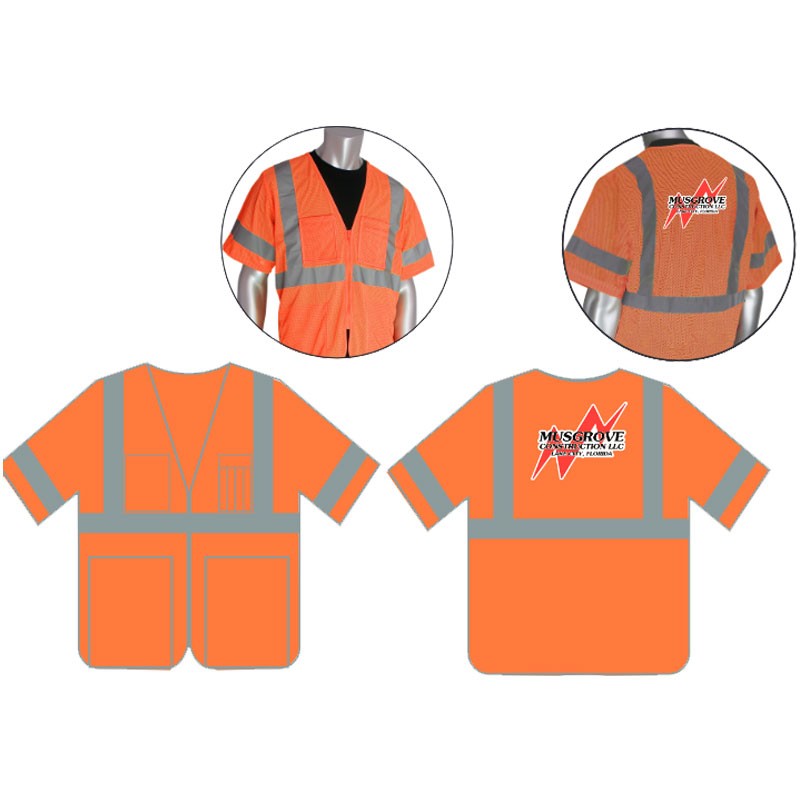 2X CLS-3 HI-VIS OR SAFETY MESH VEST  W/ ZIPPER CLOSURE  W/ MUSGROVE CONSTRUCTION LOGO 3C-1L