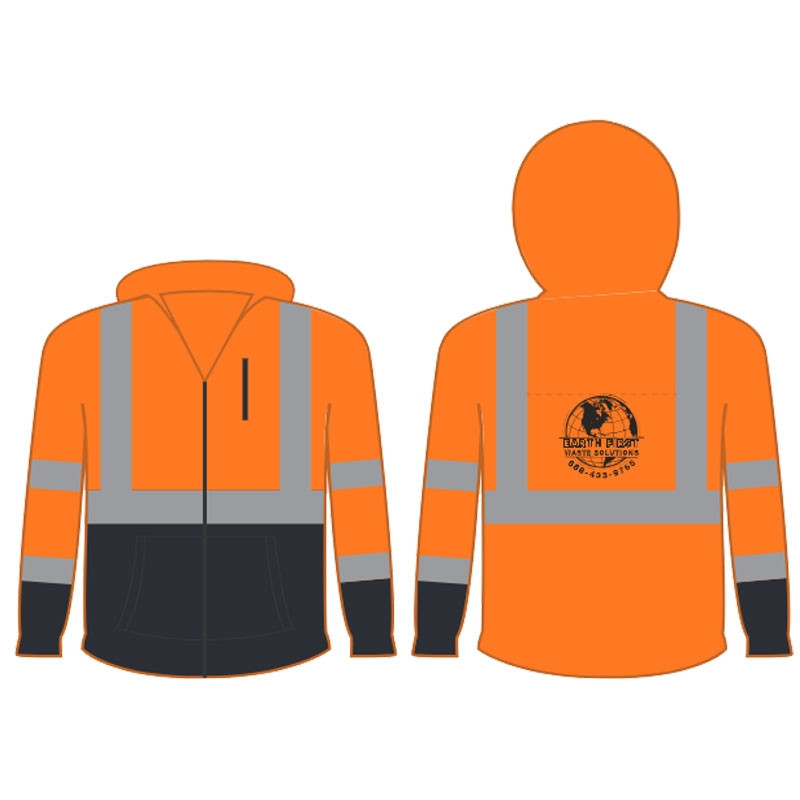 2XL CLASS 3 BLACK BOTTOM HOODIE  W/FULL ZIPPER - ORANGE W/ EARTH FIRST WASTE SOLUTION LOG 1C 1L