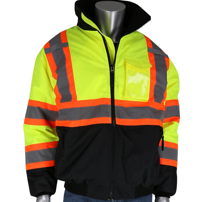 Class 3 Black Bottom Bomber Jacket w/ Two-Tone Stripe, Fixed Liner, Hi-Vis Yellow, X-Large