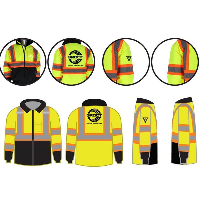 MED CLS-3 HI-VIS YEL BOMBER JACKET W/  BLACK BOTTOM  W/ GROOT INDUSTRIES LOGO 1C - 2L