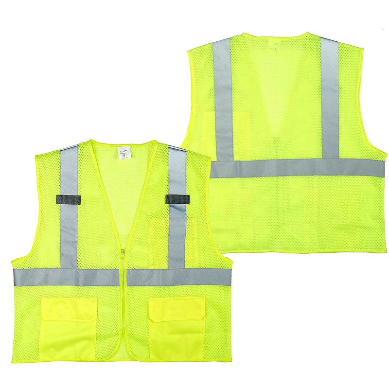 Class 2 Safety Vest, Hi-Vis Yellow Mesh, Zipper Closure, 2 Pockets, 3X-Large