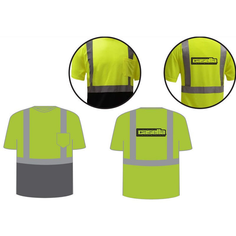 4X CLS-2 HI-VIS BLACK BOTTOM T- SHIRT, ANSI CLASS 2, 100% BIRDSEYE MESH, HEAT-TRANSFER REFLECTIVE STRIPING  W/ CASELLA LOGO 1C-1L