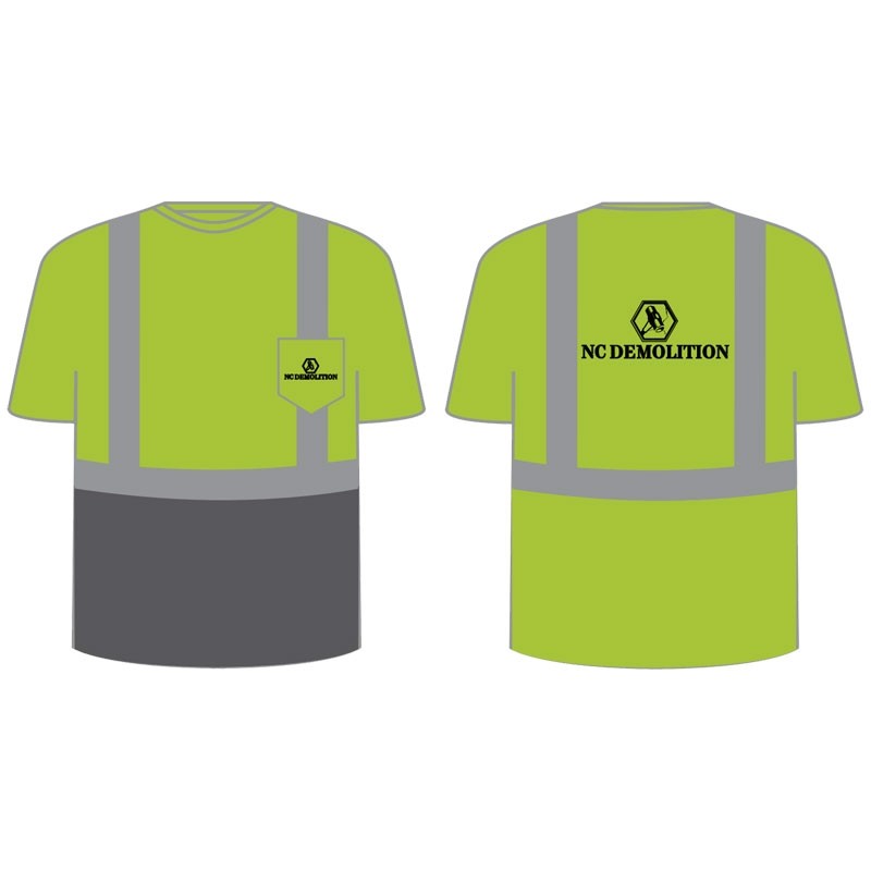 LG CLS-2 HI-VIS BLACK BOTTOM T- SHIRT, ANSI CLASS 2, 100% BIRDSEYE MESH, HEAT-TRANSFER REFLECTIVE STRIPING W/ NC DUMPSTER DEMOLITION LOGO 1C 2L