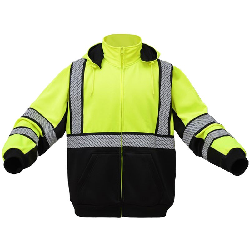 Class 3 Black Bottom Sweatshirt, Segmented Striping, Full-Zip, Snap-Off Hood, Hi-Vis Yellow, 3-XL