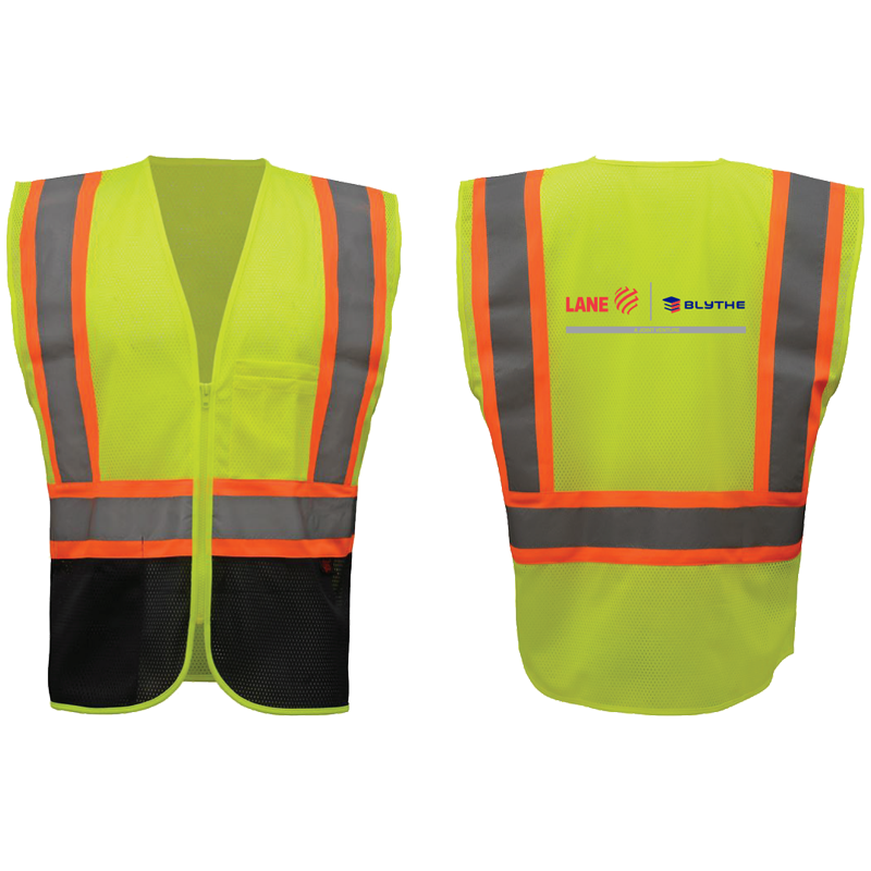 LG CLASS 2 SAFETY VEST HI-VIS LIME MESH ECONOMY W/ZIPPER CLOSURE   W/  LANE BLYTHE LOGO 3-C-1L
