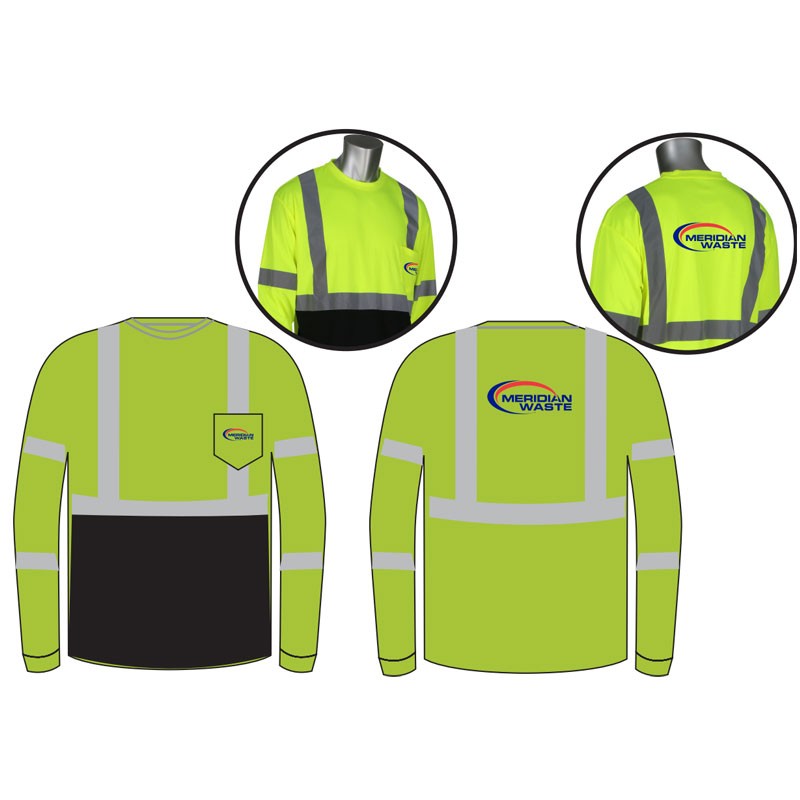 6X CLASS 3 HI-VIS YEL LONG SLEEVE  T-SHIRT WITH BLACK BOTTOM  W/ MERIDIAN LOGO 2C-2L