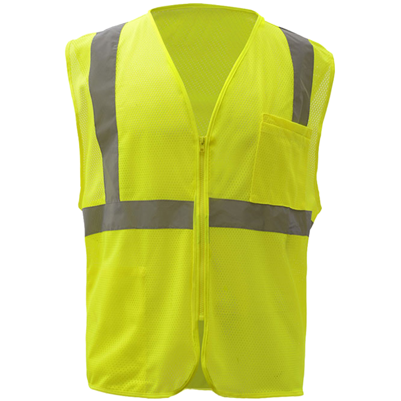 Class 2 Safety Vest, Hi-Vis Yellow Mesh, Zipper Closure, 2 Pockets, 7-XL