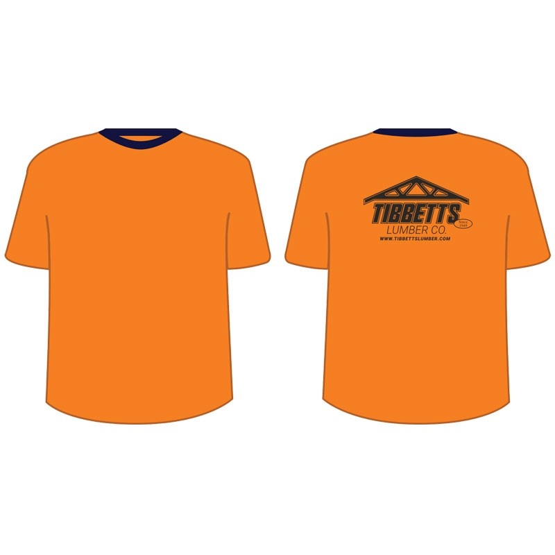 XL NON-ANSI ORANGE SHORT SLEEVE  T-SHIRT W/ TIBBETTS LUMBER CO LOGO 1C 1L