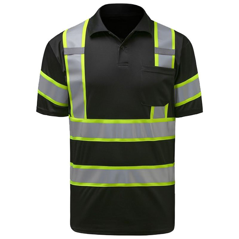 Non ANSI Two-Tone Polo Short Sleeve T-Shirt, Black w/Silver Tape, Single Pocket, 2-XL