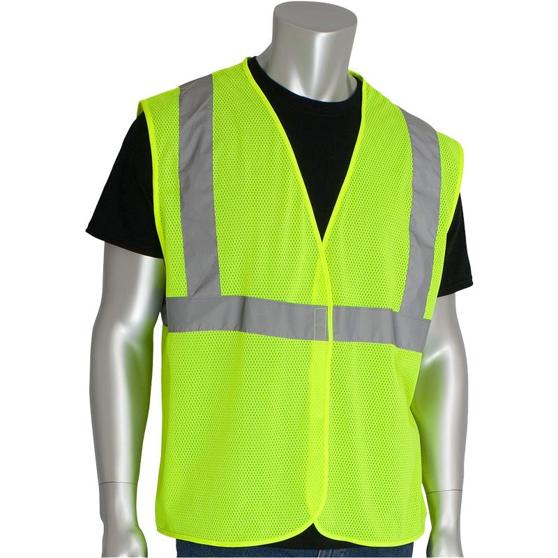 Class 2 Safety Vest, Hi-Vis Yellow Mesh, Hook  & Loop Closure, No Pockets, 5-XL