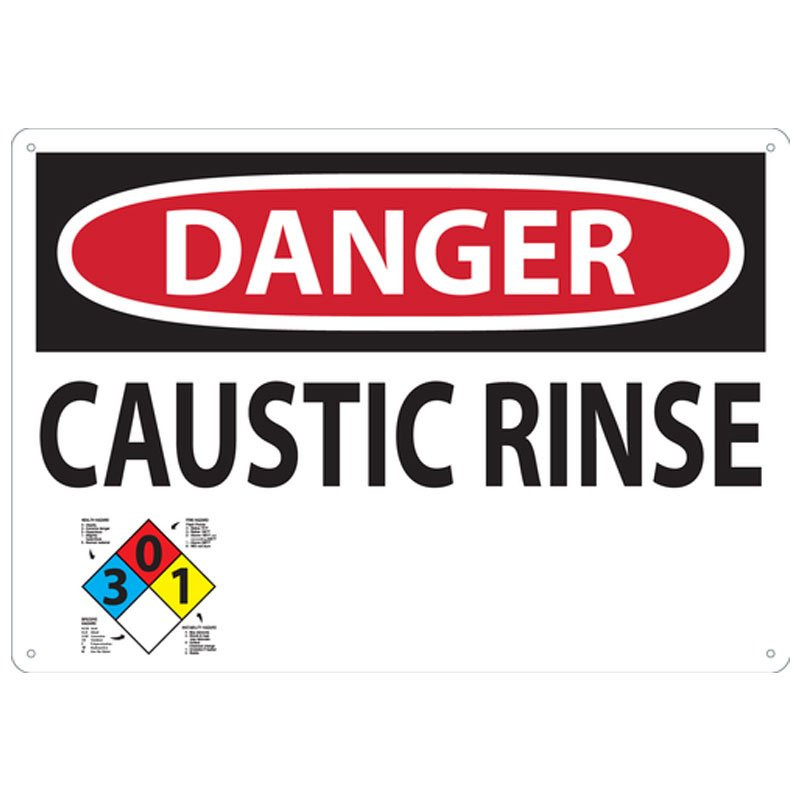 14" x 20" Danger Caustic Rinse Sign w/Accu-Shield™ Poly-Carbonate Plastic