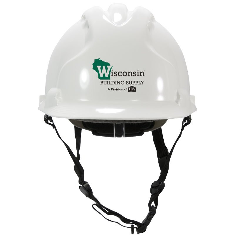 MK8 EVOLUTION SAFETY HELMET - VENTEDWHITEW/ 4-POINT CHIN STRAP W/WISCONSIN BUILDING SUPPLY LOGO 2C 1L
