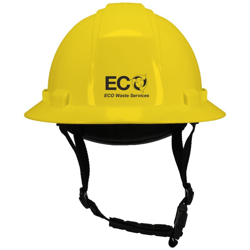 642R-CH HI-VIS YEL FULL BRIM HARD HATW/ 4-PT WHEEL RATCHET SUSPENSION & 4-PT CHIN STRAP W/ ECO WASTE SERVICES LOGO 1C 1L